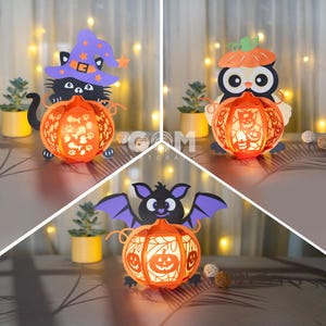 Zestaw 3 szablonów latarni dyniowej - latarnia sowa, latarnia nietoperzowa, latarnia kot SVG - papierowa latarnia na dekorację Halloween - latarnia DIY na Halloween