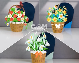 3D Flower Pop-Up Card Template Set, Daffodils, Snowdrop, Strawberry (SVG, PDF, PNG Digital Download)