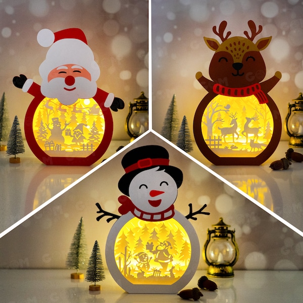 Christmas Shadow Box Template – Santa, Snowman, Reindeer Paper Lanterns (SVG, PDF, PNG)