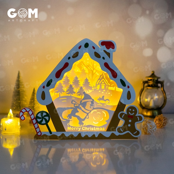 Candy House Shadow Box SVG - Penguin Shadow Box - Paper Cut Template For Christmas - DIY Paper Lanterns - Xmas Paper Cutting Template SVG
