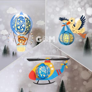 Set 3 Heißluftballon-Laterne SVG, Hubschrauber-Laterne, Storch und Babylaterne, Laternen für Kinder Vorlage, DIY Papierlaternen