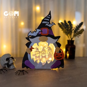 Halloween Gnome Shadow Box Template - Paper Lantern for Halloween Decoration - Diy Halloween Lantern Paper Cut - Halloween Lantern SVG