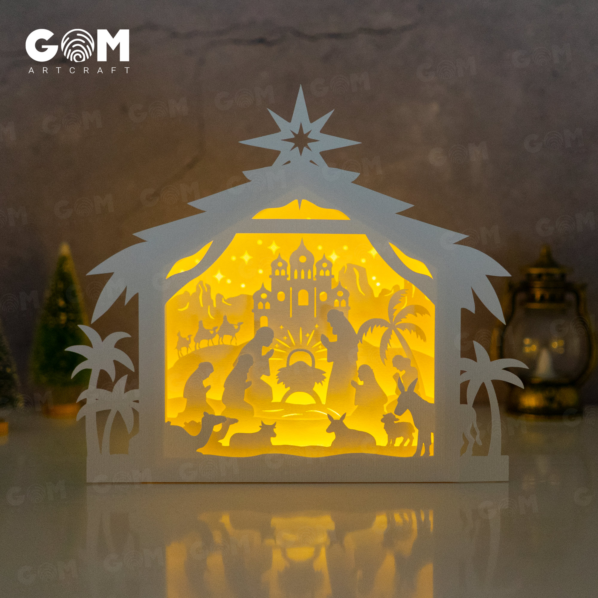 Christmas Shadow Box Template - Nativity Scene Lanterns Shadow Box SVG - Xmas Paper Cutting Template - Merry Christmas Paper SVG