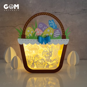 Gabarit en papier découpé oeufs de Pâques - panier d'oeufs de Pâques ombre boîte SVG - lanterne en papier de Pâques - oeufs de Pâques lapin de Pâques Lightbox