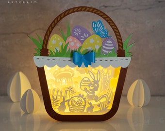 Easter Eggs Paper Cut Template - Easter Egg Basket Shadow Box SVG - Easter Paper Lantern - Easter Bunny Easter Eggs Lightbox