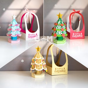 Set de 3 árboles de Navidad, caja de regalo para árbol de Navidad, adornos navideños DIY, plantilla de corte de papel para Navidad