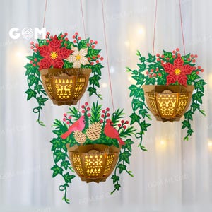 クリスマス フラワーポット ランタン 3 個セット、クリスマス用ペーパーカット テンプレート、クリスマス フラワーポット ランタン、DIY ランタン クリスマス オーナメント