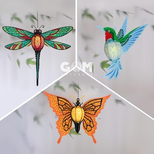 Ensemble de 3 lanternes libellule SVG, modèle de lanterne papillon, lanterne colibri - lanternes en papier bricolage insectes - modèle de découpe de papier