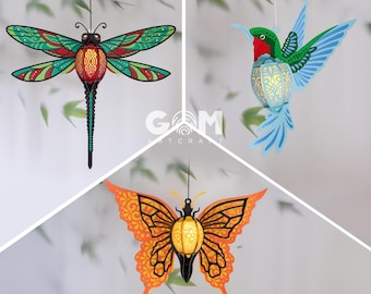 Set 3 Dragonfly Lantern SVG, Butterfly Lantern Template, Hummingbird Lantern - DIY Insect Paper Lanterns - Paper Cutting Template