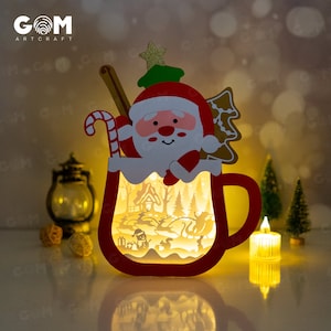 Hot Cocoa Shadow Box SVG - Santa Claus - DIY Lightbox Christmas Ornaments - Xmas Paper Cutting Template - Merry Christmas Paper Template SVG