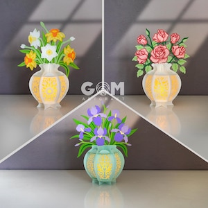 Pack 3 Vase Blumenlaterne Vorlage SVG, Rose Laterne, Narzissen Laterne, Iris Laterne, Muttertag Laternendekorationen, Blumenlaterne
