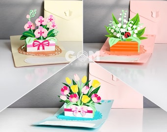 Set 3 Blumen Pop-up-Kartenvorlage, Maiglöckchen, Phalaenopsis-Orchideen-Karte, Tulpenblume 3D-Karte, Frühling Pop-up-Karte SVG