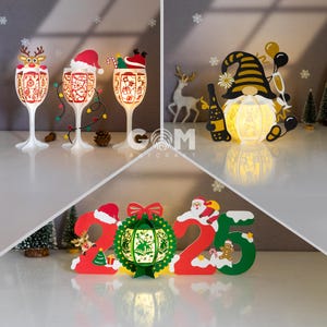 Set 3 Frohes Neues Jahr Laterne SVG, Papierschnitt Vorlage für Weihnachten, DIY Laterne Weihnachtsschmuck, Papierlaternen für Weihnachten
