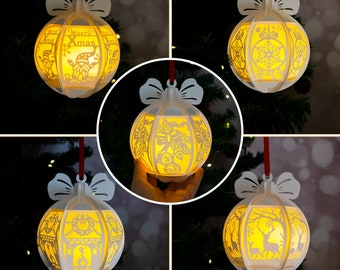 Pack 5 Hanging Christmas Ball Template - Christmas Ball SVG - DIY Lightbox Christmas Ornaments - Paper Cut Template For Christmas