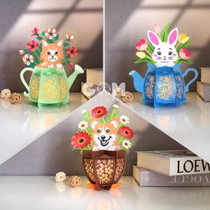 Ensemble de 3 modèle de lanterne fleur SVG, lanterne chien, lanterne chat, lanterne lapin, vase lanterne fleur, lanterne bricolage en pot, lanterne oeuf de Pâques