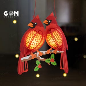 Kardinalvogel Paar Laterne Vorlage - Kardinalvogel Weihnachtslaterne - DIY Laterne Weihnachtsverzierungen - Papierschnitt Vorlage für Weihnachten