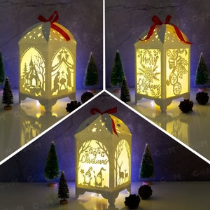 Combo 3 Frohe Weihnachten Laternen Vorlage - Papierlaternen für Weihnachten - Weihnachten Papierschnitt Vorlage SVG - DIY Papierschnitt Lampendekor