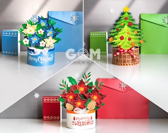Set 3 Christmas Vase Pop-up Card Template, DIY Pop-up Card Christmas Ornaments, Christmas Tree Pot Pop-up Card, 3D Christmas Papercut Card