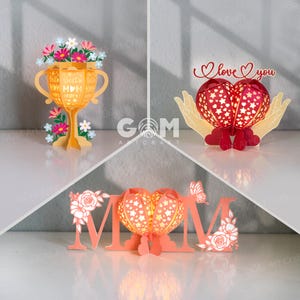 Set 3 Moederdag lantaarn SVG, bloem lantaarn sjabloon SVG, Moederdag lantaarn decoraties, DIY Moederdag cadeau, hart lantaarn
