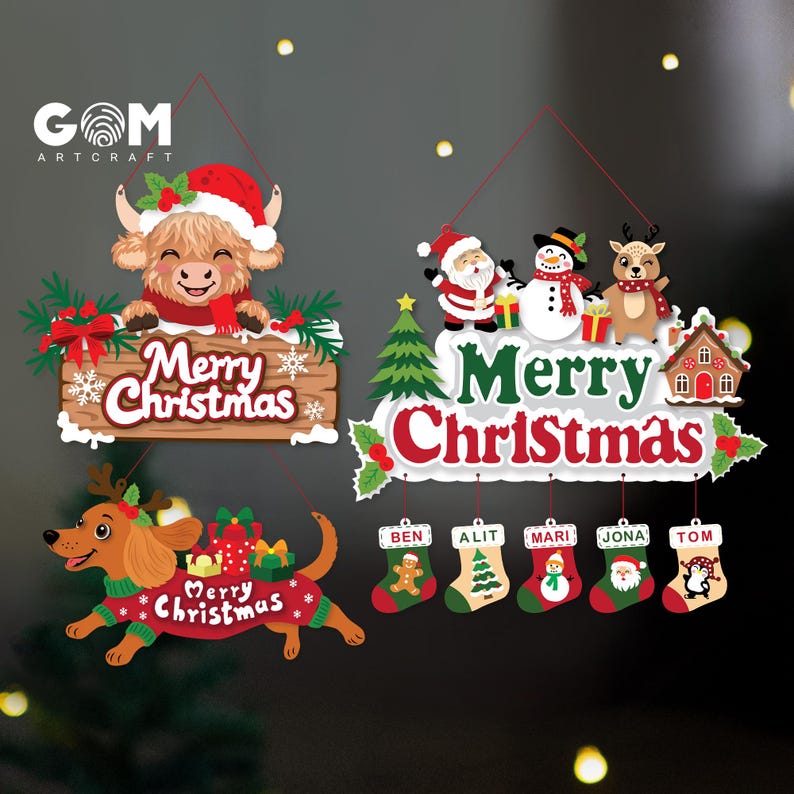 May include: Three hanging Christmas signs featuring a Highland cow, a dachshund in a sweater, and a festive scene with Santa, a snowman, a reindeer, and a gingerbread house. The signs include the text Merry Christmas and five hanging stockings.