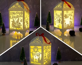 Pack 3 Merry Christmas Lantern Template - Xmas Paper Cutting Template SVG - DIY Paper Lanterns - DIY Paper Lanterns - Xmas Paper Cutting