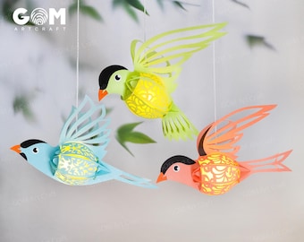 Set 3 Bird Lantern SVG - Hanging Bird Lantern Template - DIY Bird Paper Lanterns -  Bird Paper Cutting Template