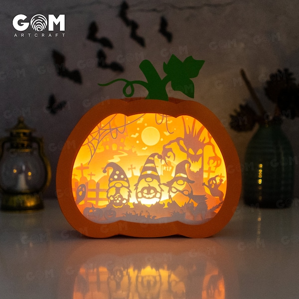 Gnomes Pumpkin Shadow Box Template - Halloween SVG, Paper Cutting (Digital Download)