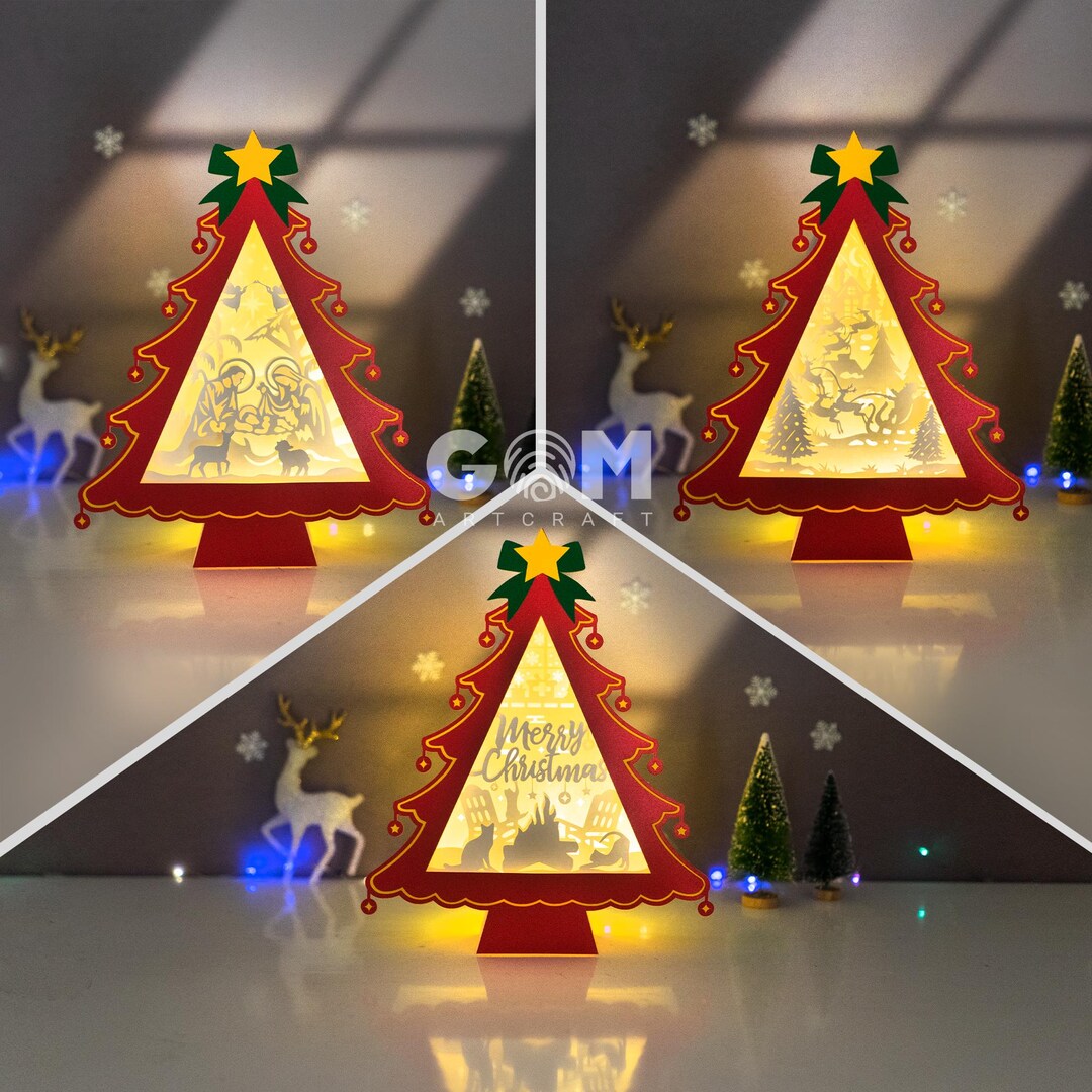 Set 3 Christmas Tree Lantern Template, Christmas Tree Shadow Box SVG