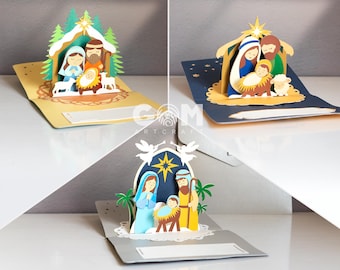 Set 3 Nativity Scene Pop-up Card Template, Christmas Pop-up Card SVG, Nativity Scene Card Paper Cut