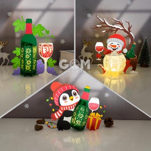 Lanterne bonhomme de neige, lanterne pingouin, lanterne de bouteille de vin de Noël, lanterne de bonne année SVG, modèle de papier découpé pour Noël
