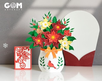 Christmas Vase Pop-up Card 3D, Christmas Flower Pop-up Card SVG, DIY Pop-up Card Christmas Ornaments, 3D Christmas Papercut Card