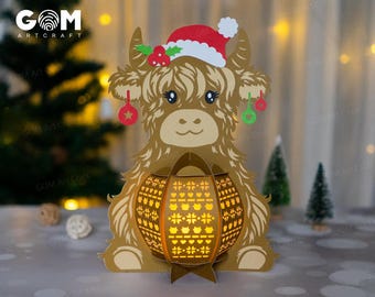 Mall för jullyktor med ko - Lykta med ko SVG - DIY-lyktor julgransprydnader - Pappersklippning för jul - DIY-julpapperlyktor
