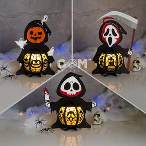 Può includere: Tre lanterne di carta a tema Halloween con luci LED. Le lanterne hanno la forma di una zucca, un fantasma e la morte. Ogni lanterna ha un design diverso e presenta un viso spettrale.