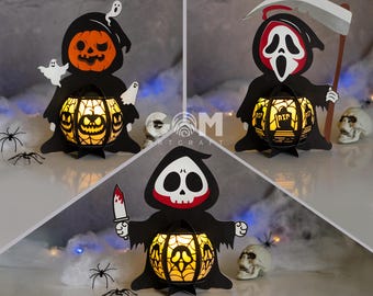 May include: Three Halloween-themed paper lanterns with LED lights. The lanterns are shaped like a pumpkin, a ghost, and a grim reaper. Each lantern has a different design and features a spooky face.