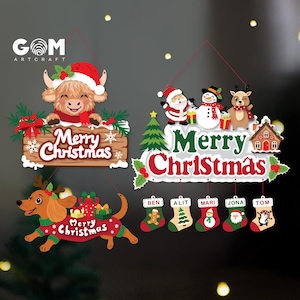 May include: Three hanging Christmas signs featuring a Highland cow, a dachshund in a sweater, and a festive scene with Santa, a snowman, a reindeer, and a gingerbread house. The signs include the text Merry Christmas and five hanging stockings.