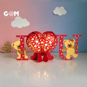 Lanterne en forme de coeur SVG, lanterne ours d'amour, ornements de Saint-Valentin bricolage lanterne, modèle de papier découpé pour la Saint-Valentin
