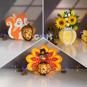 Conjunto de 3 lanternas de girassóis SVG, lanterna de peru de Ação de Graças SVG, lanterna de esquilo e bolota, decorações de dia de Ação de Graças DIY