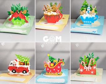 Set 6 Christmas Pop-up Card Template, Christmas Teacup Pop-up Card SVG, Snowman Pop-up Card 3D, Christmas Letter Pop-up Card