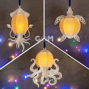 Confezione da 3 lanterne calamari, lanterna polpo, lanterna tartaruga marina in formato SVG, lanterne di carta oceaniche fai-da-te, modello per tagliare la carta