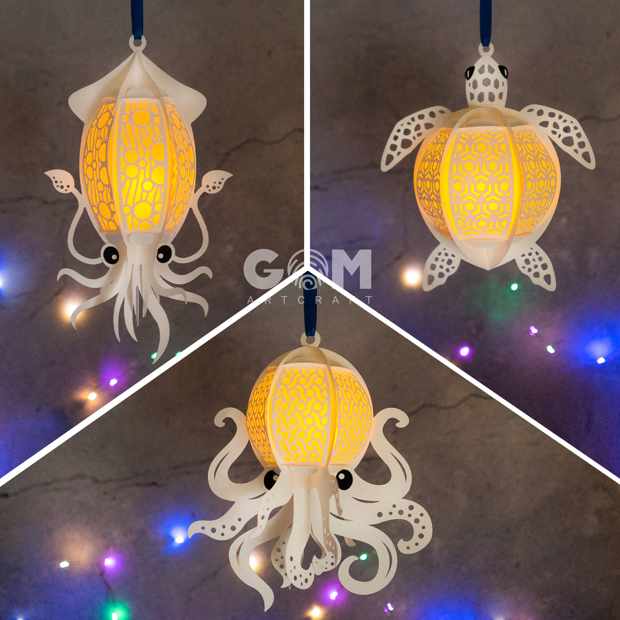 Pack 3 Squid Lantern, Octopus Lantern, Sea Turtle Lantern SVG - DIY Ocean Paper Lanterns - Paper Cutting Template