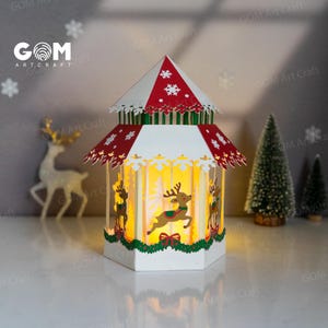 Lanterne de renne, carrousel de Noël lanterne SVG, décorations de Noël lanterne bricolage, modèle de papier découpé pour Noël, papier joyeux Noël