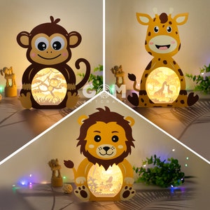 Lot de 3 lanternes animales SVG - lanternes lion, lanternes singe, lanternes girafes - modèle de lanternes pour enfants - lanternes en papier pour travaux manuels