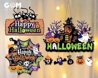 May include: Three hanging Halloween signs featuring cartoon illustrations of black cats, a haunted house, a spider web, ghosts, pumpkins, bats, and cauldrons. The signs include the text Happy Halloween in colorful, bold, and stylized lettering.