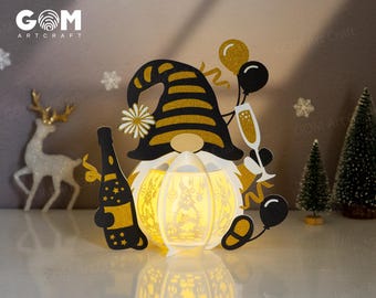 Gnomes Happy New Year Lantern SVG, Gnomes Christmas Lantern, DIY Lantern Christmas Ornaments, Paper Cut Template For Christmas