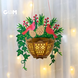 Pot de fleur de Noël lanterne SVG, lanterne de Noël oiseau Cardinal, décorations de Noël lanterne bricolage, modèle de papier découpé pour Noël