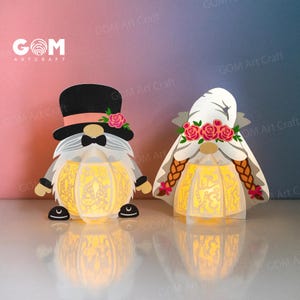 Gnomes mariée et le marié lanterne SVG, gnomes de la Saint-Valentin bricolage, ornements de lanterne Saint-Valentin, modèle de papier découpé pour la Saint-Valentin