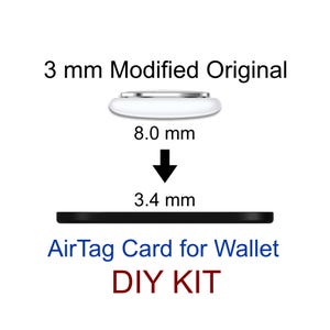 Pode incluir: Imagem de um objeto circular branco e prateado, rotulado como "3 mm Modified Original", com dimensões de 8,0 mm e 3,4 mm. Abaixo, o texto diz "AirTag Card for Wallet DIY KIT."