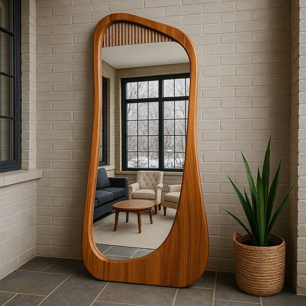 Walnut Framed Asymmetrical Floor Mirror – Mid Century Modern Decor