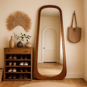 Walnut Floor Full Length Mirror - Irregular Full Size Unique Mirror - Full Body Asymmetrical Wooden Mirror - Large Mid Century Mirror ART