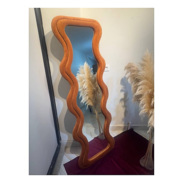 Full Length Wavy Velvet Mirror - Floor Wave Fabric Mirror - Long Irregular Mirror - Asymmetrical Mirror - Large Squiggle Mirror -Tall Mirror